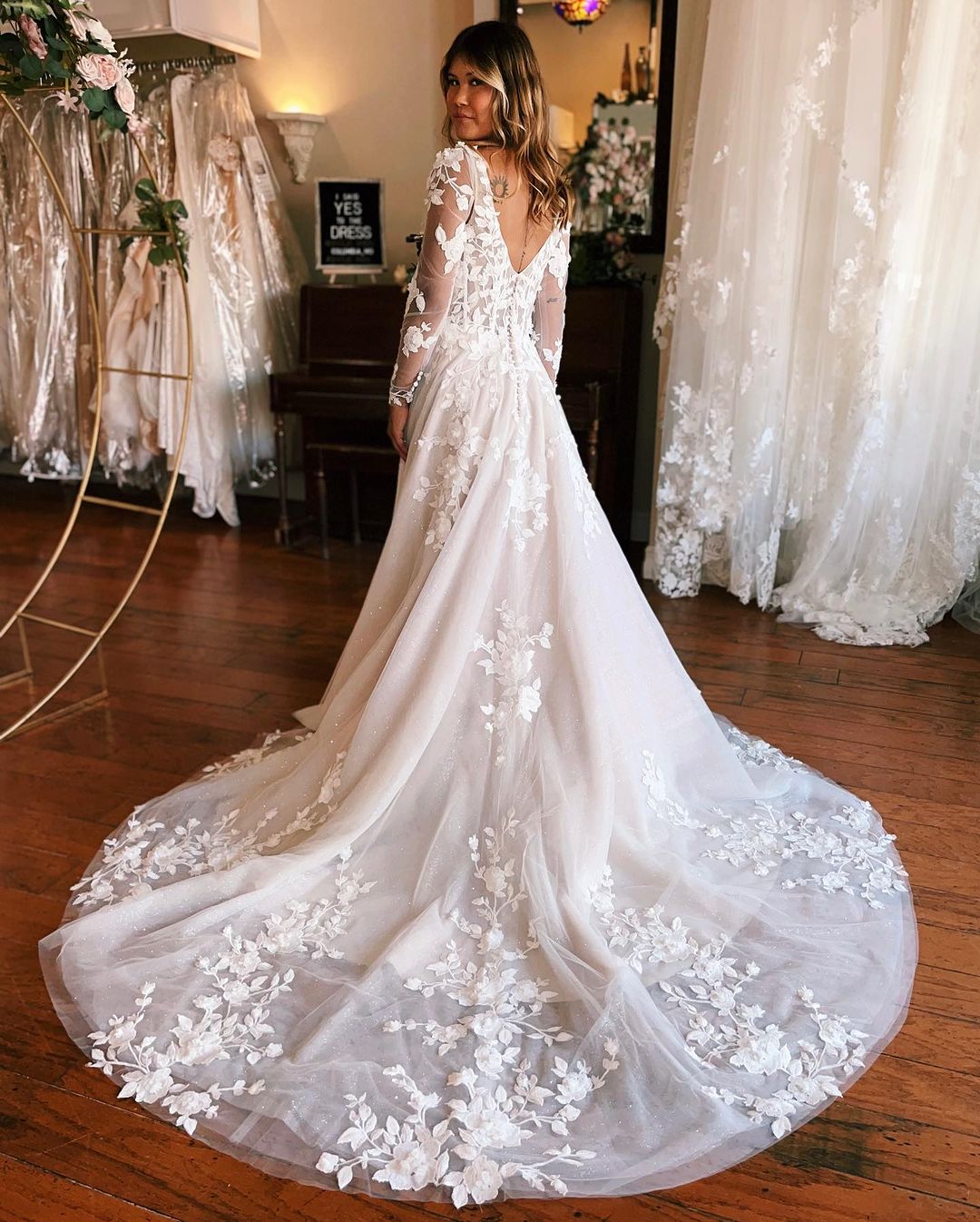 Charming Long A-line Wedding Dress With Appliques And Long Sleeves Featuring A Train