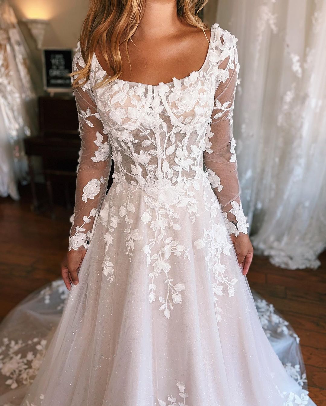 Charming Long A-line Wedding Dress With Appliques And Long Sleeves Featuring A Train