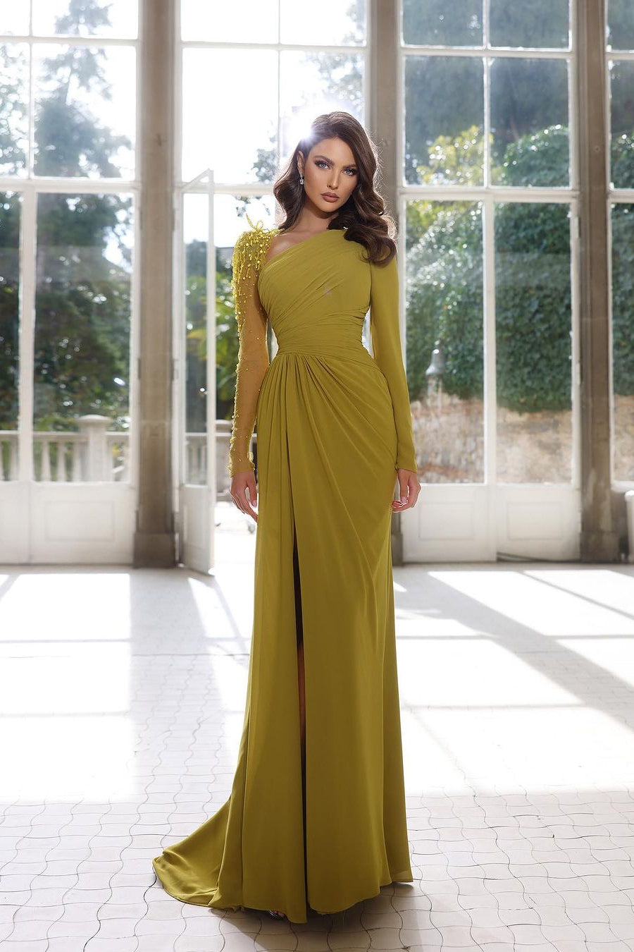 Charming Long A-line Dress with Long Sleeves Beading and Slit for Prom - Fashionpara