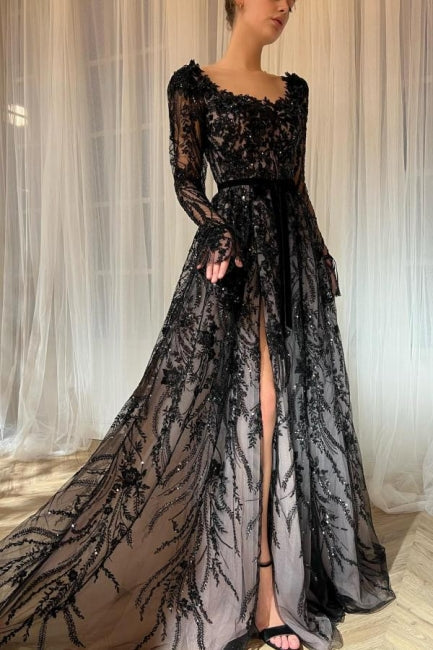 Enchanting Long Black A-Line Lace Glitter Long Sleeves Wedding Dress with Slit