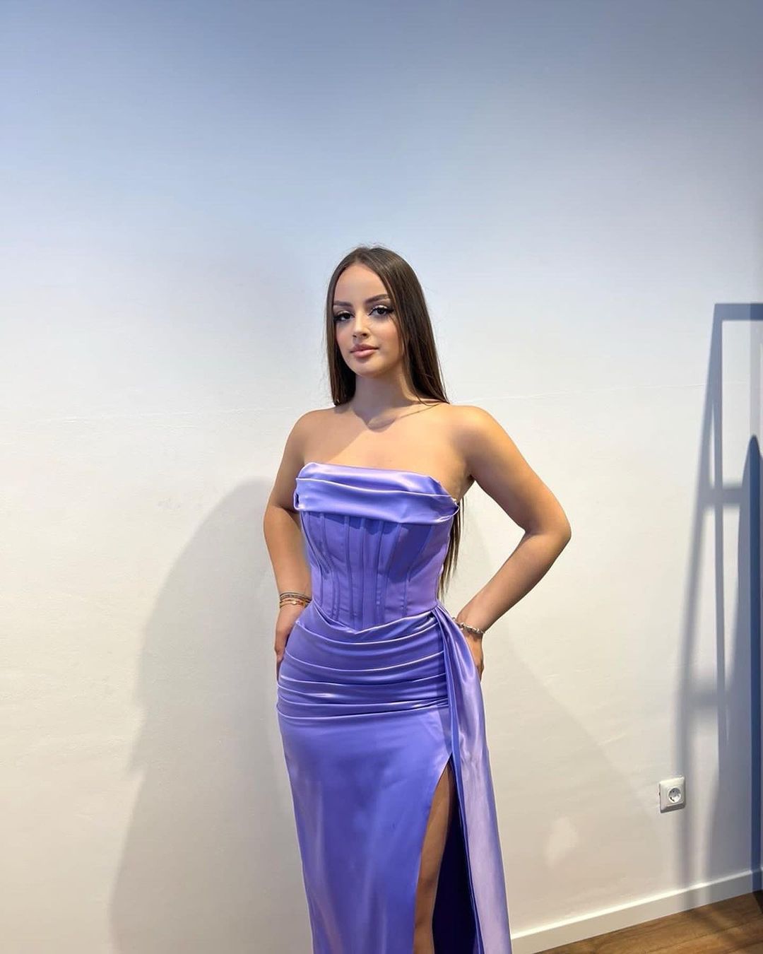 Charming Long Purple Strapless Satin Dress with Split Front and Ruffles - Fashionpara