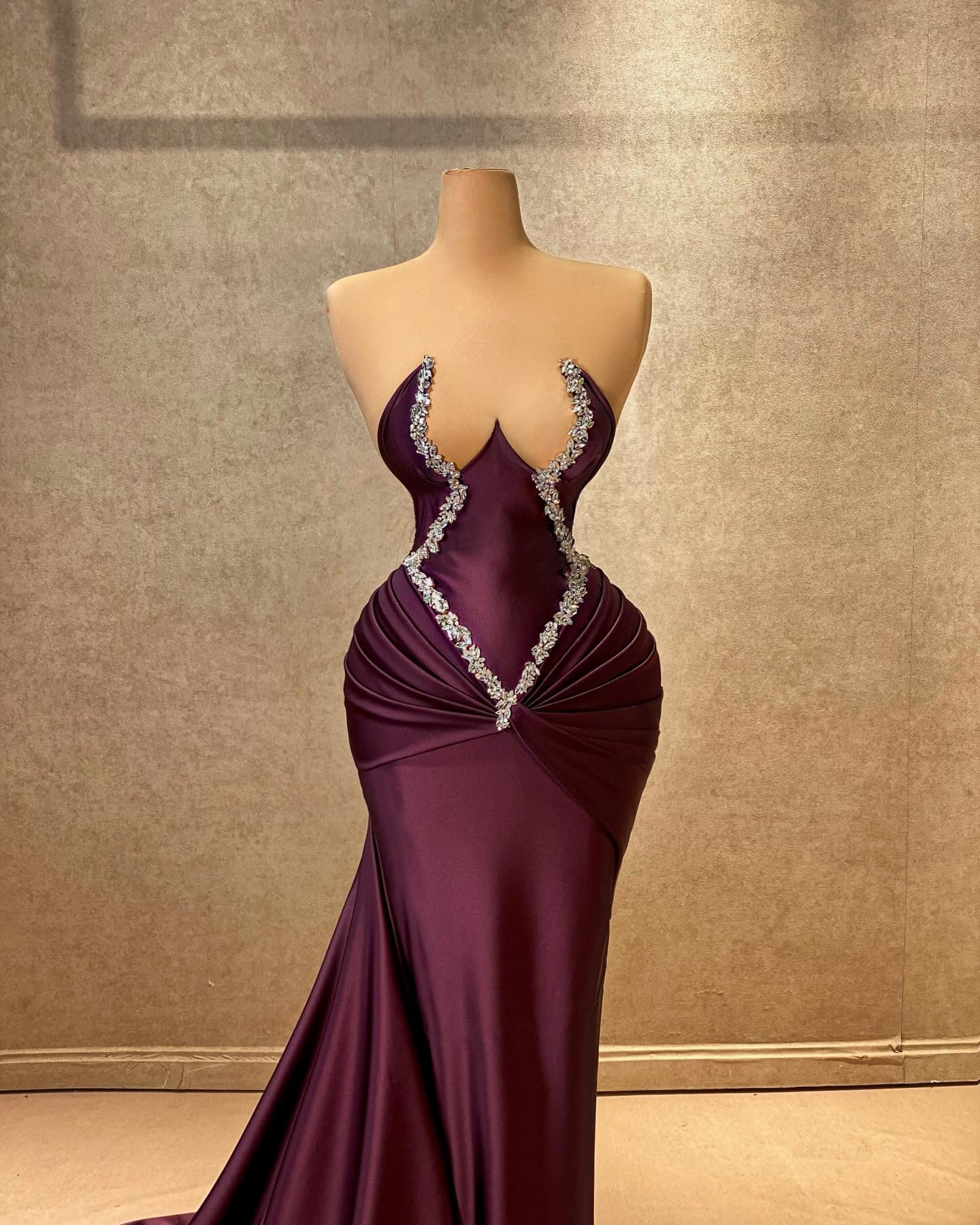 Charming Mermaid Strapless Sleeveless Rhinestone Satin Train Burgundy Long Prom Dress - Fashionpara