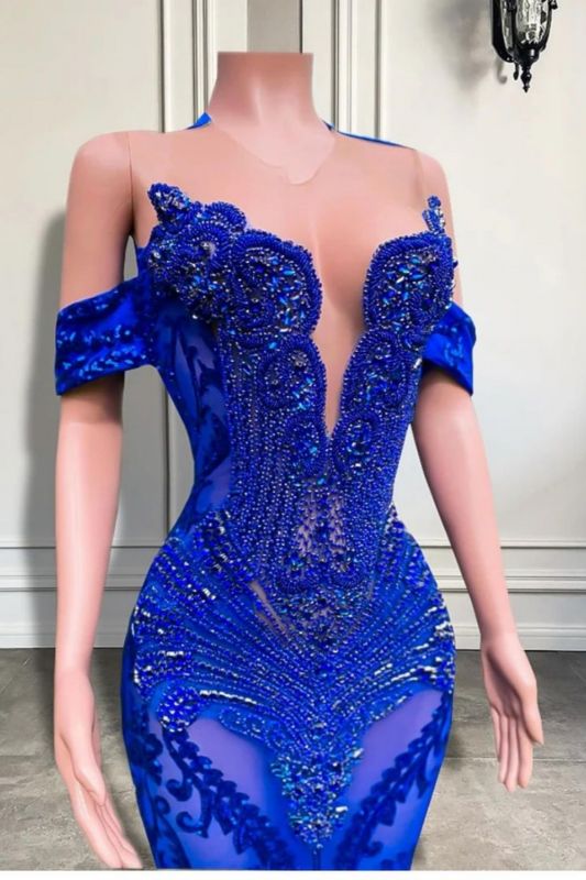 Charming Off-the-Shoulder Royal Blue Crystals Mermaid Prom Dress with Beadwork - Fashionpara