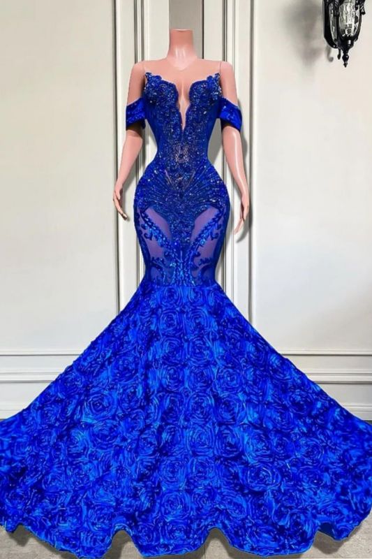 Charming Off-the-Shoulder Royal Blue Crystals Mermaid Prom Dress with Beadwork - Fashionpara