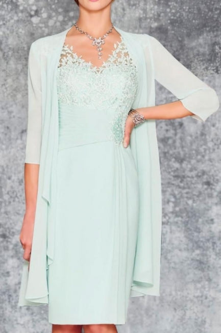 Charming Short Mint Chiffon Lace Mother of the Bride Dress with Matching Jacket - Fashionpara