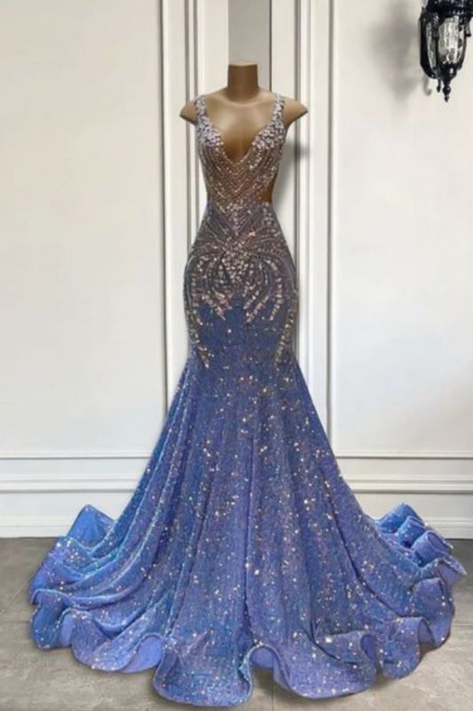 Chic Sleeveless Crew Neck Glittering Crystals Mermaid Prom Dress - Fashionpara