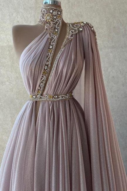 Chic Long Dusty Pink High Neck Lace Prom Dress with Sparkling Glitter - Fashionpara