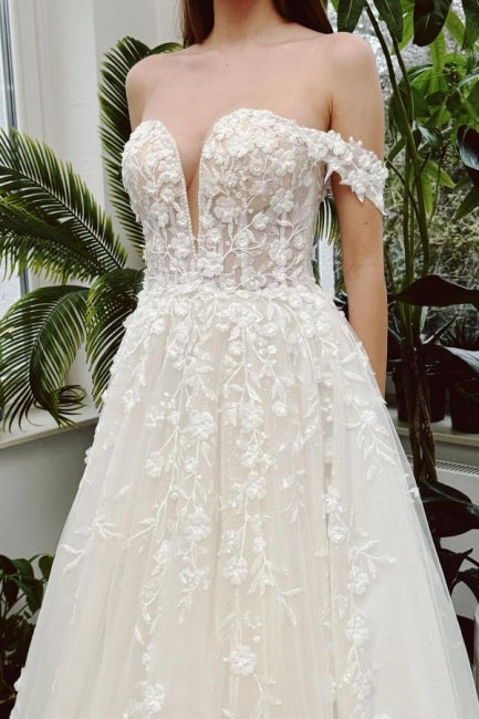 Chic Long Ivory A-Line Off-the-Shoulder V-Neck Sleeveless Lace Bridal Gown