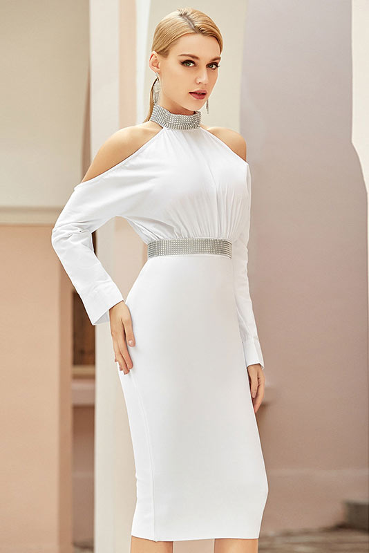 Chic White Cut Out Long Sleeve Party Bandage Dress