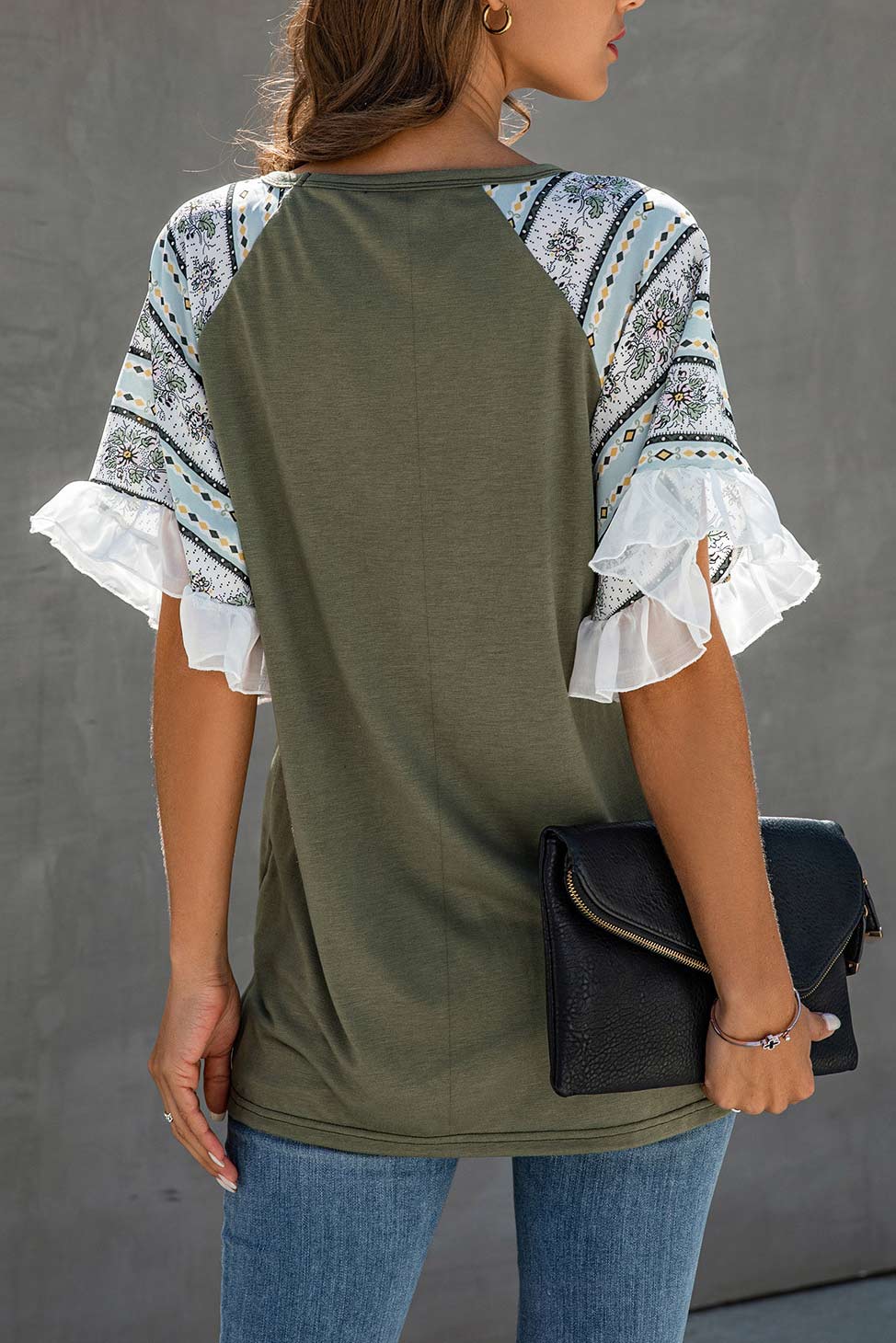 Chiffon Patchwork Floral Ruffle Sleeve T-shirt