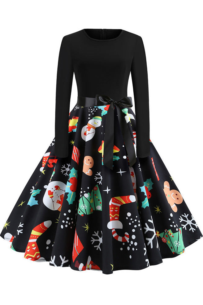 Christmas Long-sleeve Retro Printed Dress