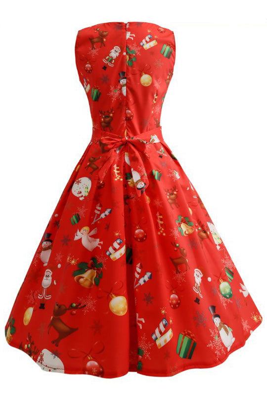 Christmas Print Sleeveless Belted Dress