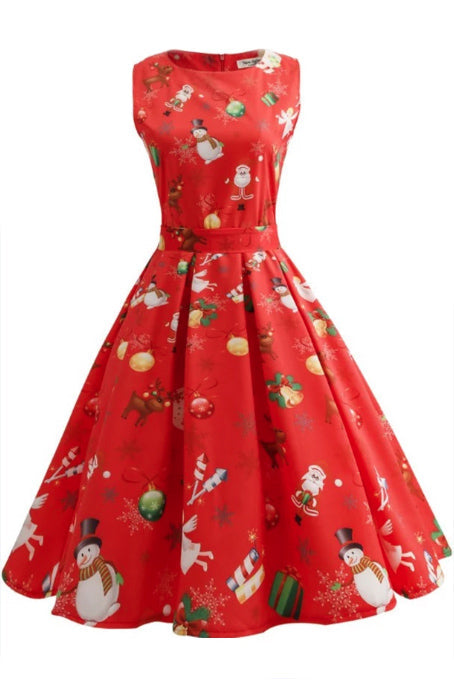 Christmas Print Sleeveless Belted Dress