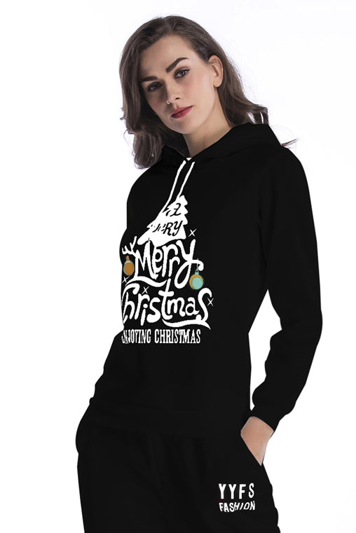 Christmas Tree Print Hooded Drawstring Sweatshirt