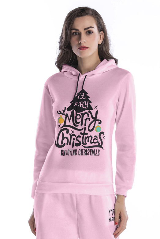 Christmas Tree Print Hooded Drawstring Sweatshirt - Mislish