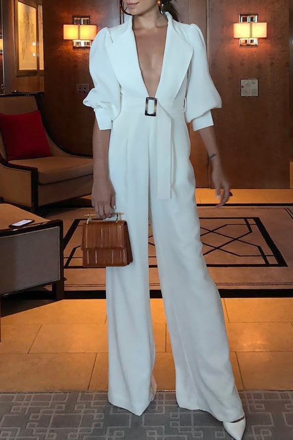 White V-neck Belt Wide-leg Jumpsuit - Mislish