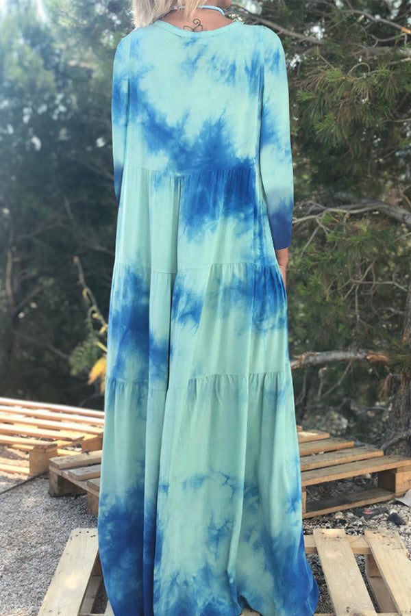 Ruffled Tie-dye Buttoned Swing Dress