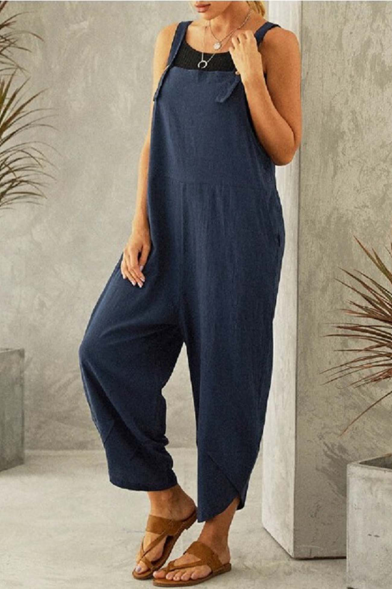 Cotton Solid Color Strappy Jumpsuit