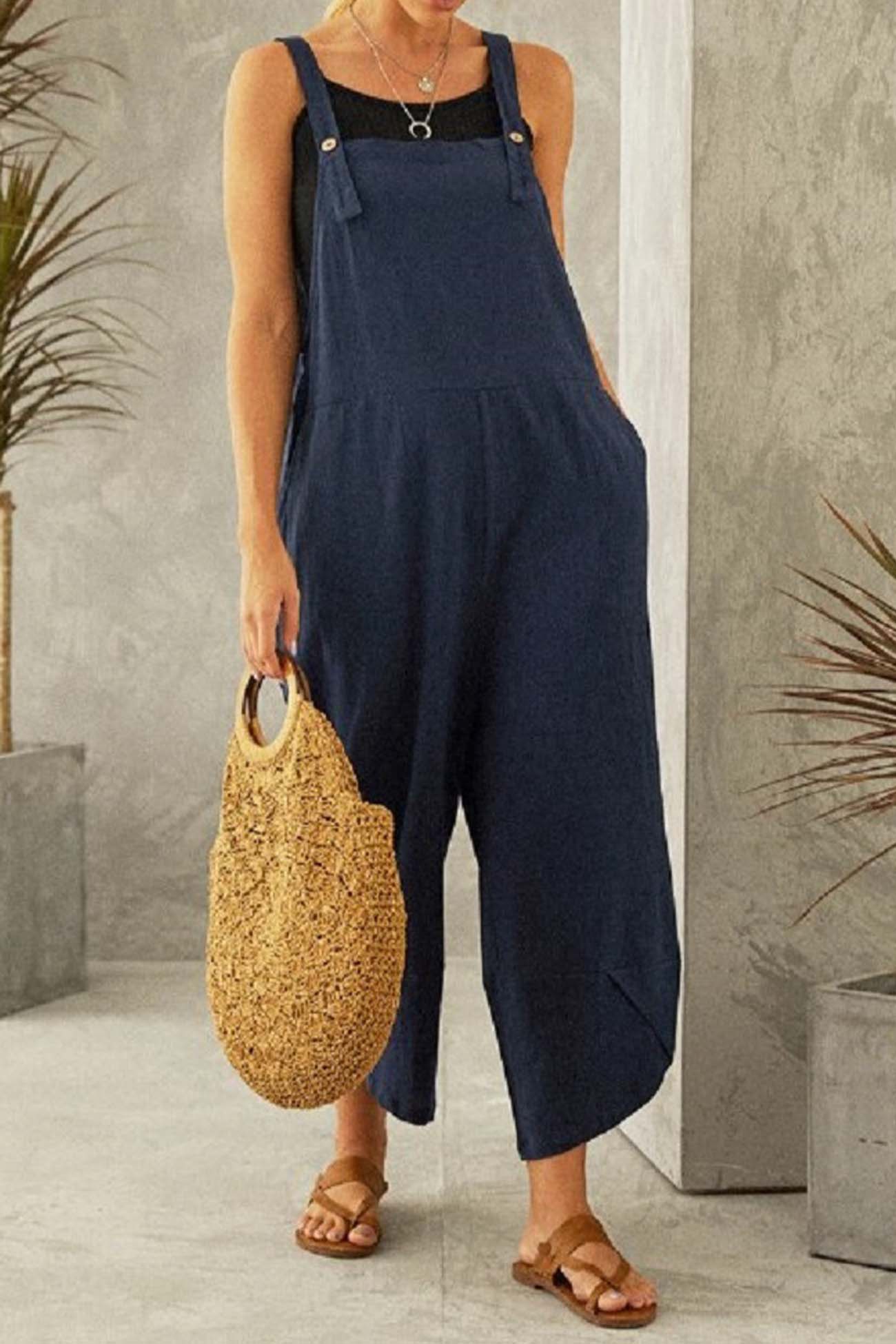 Cotton Solid Color Strappy Jumpsuit