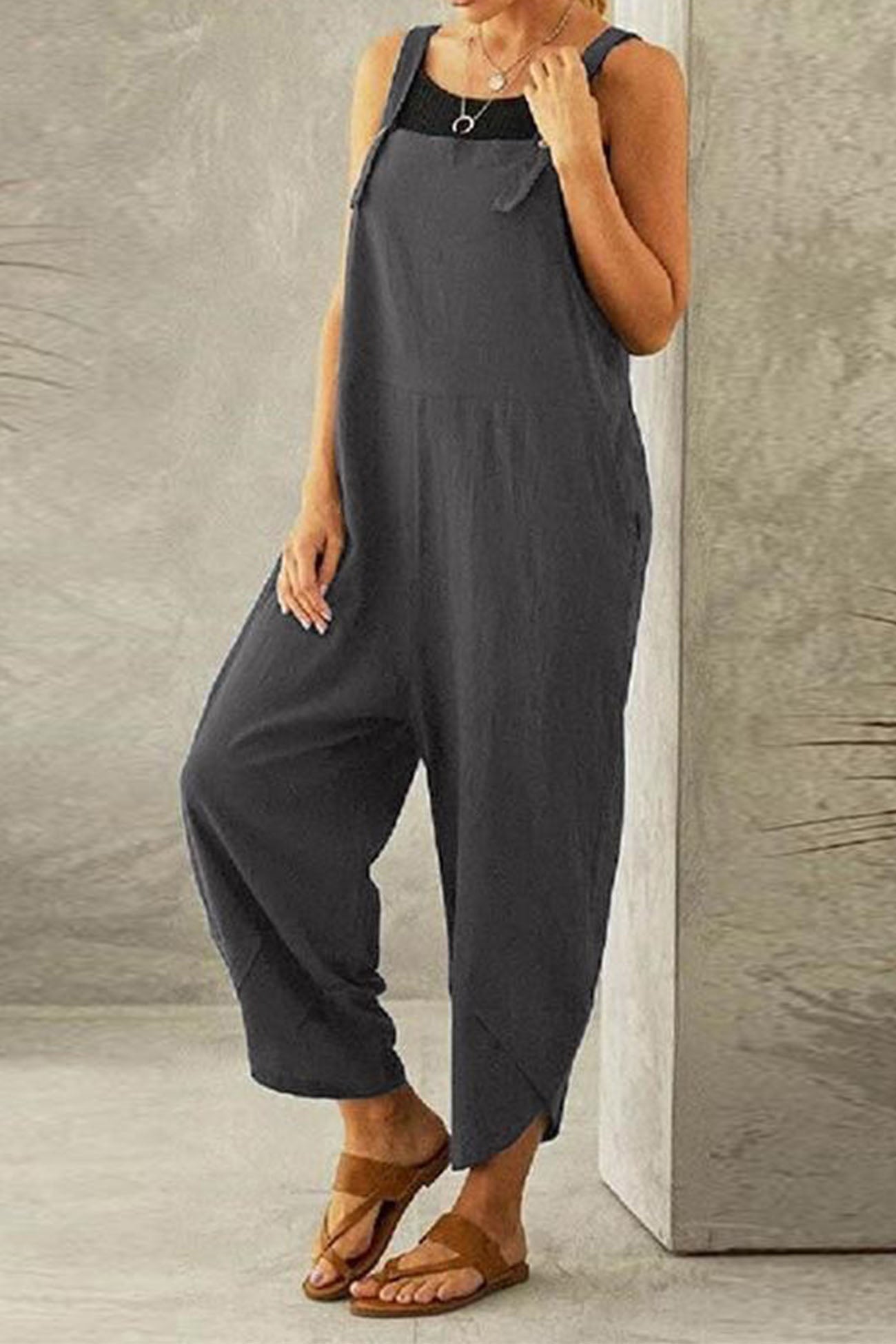 Cotton Solid Color Strappy Jumpsuit