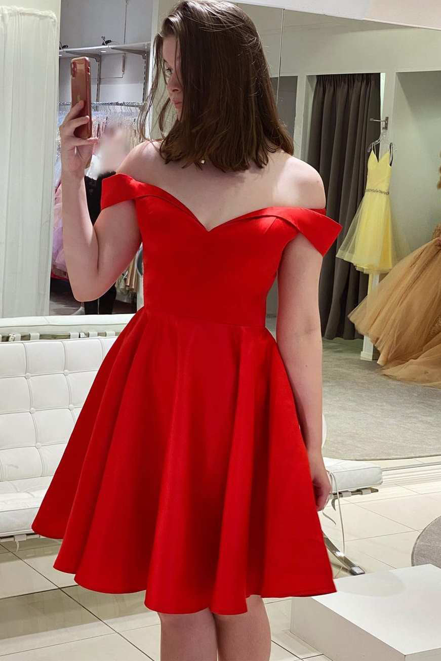 Uma Red Off-Shoulder A-Line Satin Homecoming Dress