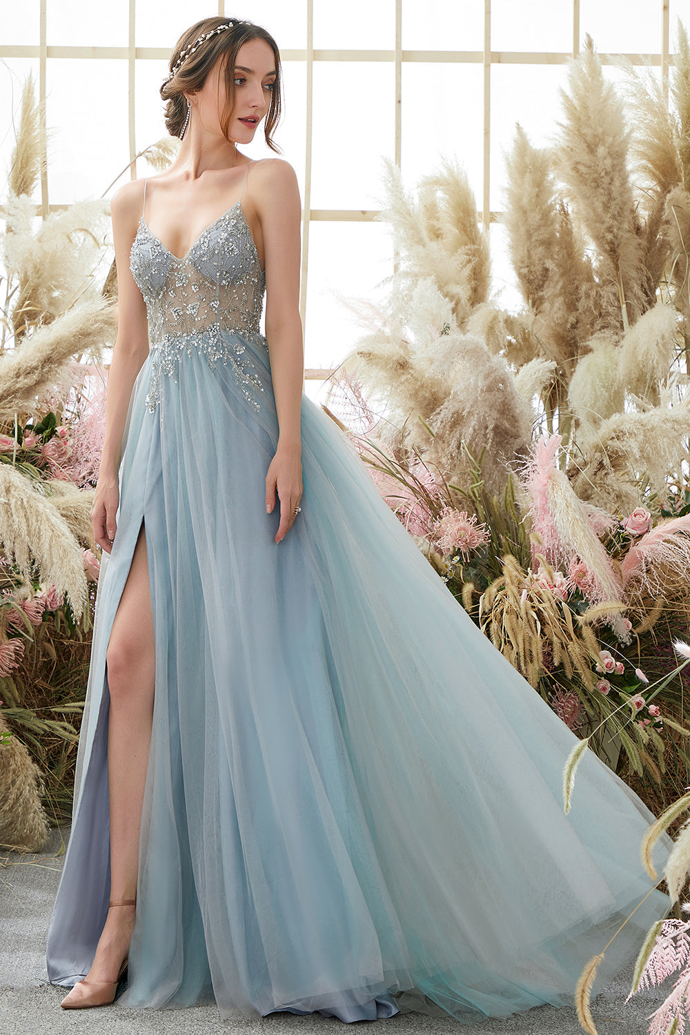 Light Blue Beading Tulle Prom Dress