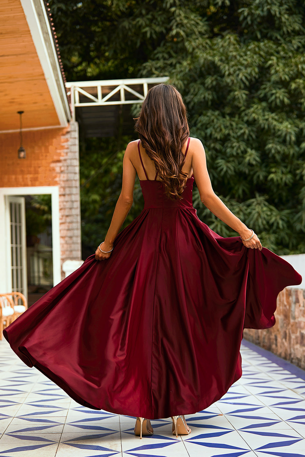 Burgundy Satin Long Prom Dress