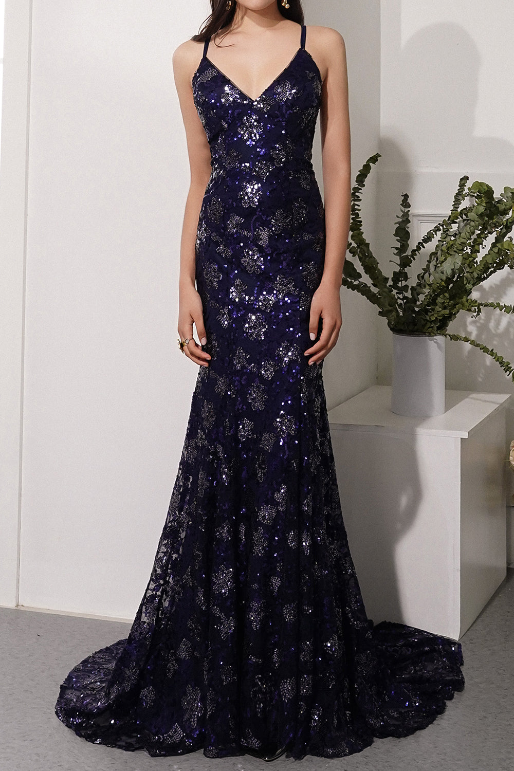 Navy Evening Dress with Beading Sequins