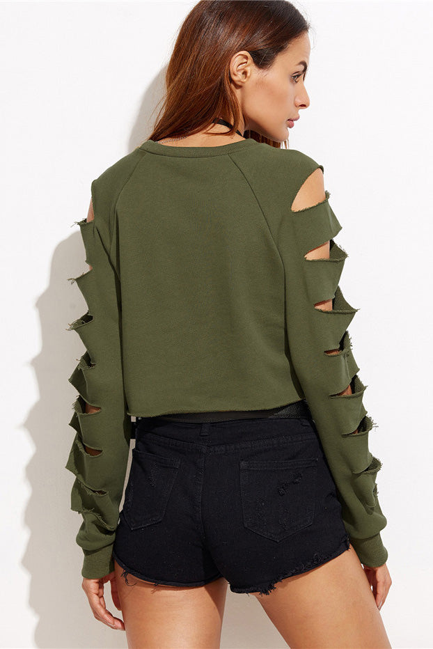 Dark Green Cut Out Sleeve Crop Sweatshirt