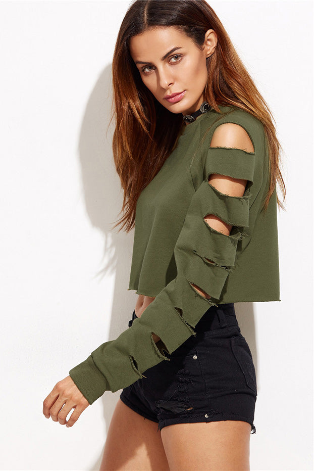 Dark Green Cut Out Sleeve Crop Sweatshirt