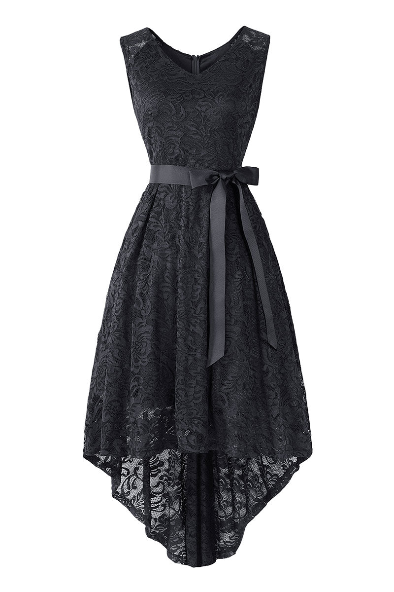 Dark Navy Knot Front High Low Lace Prom Dress