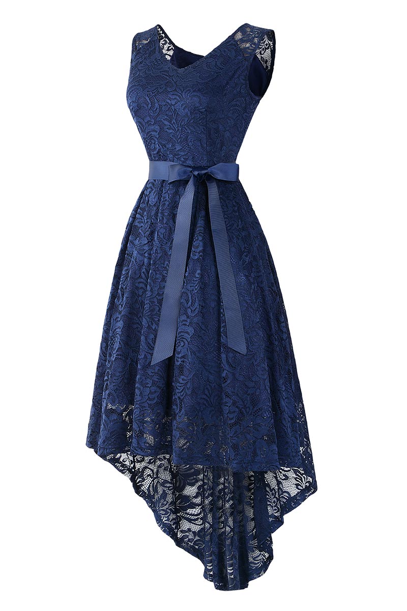 Dark Navy Knot Front High Low Lace Prom Dress