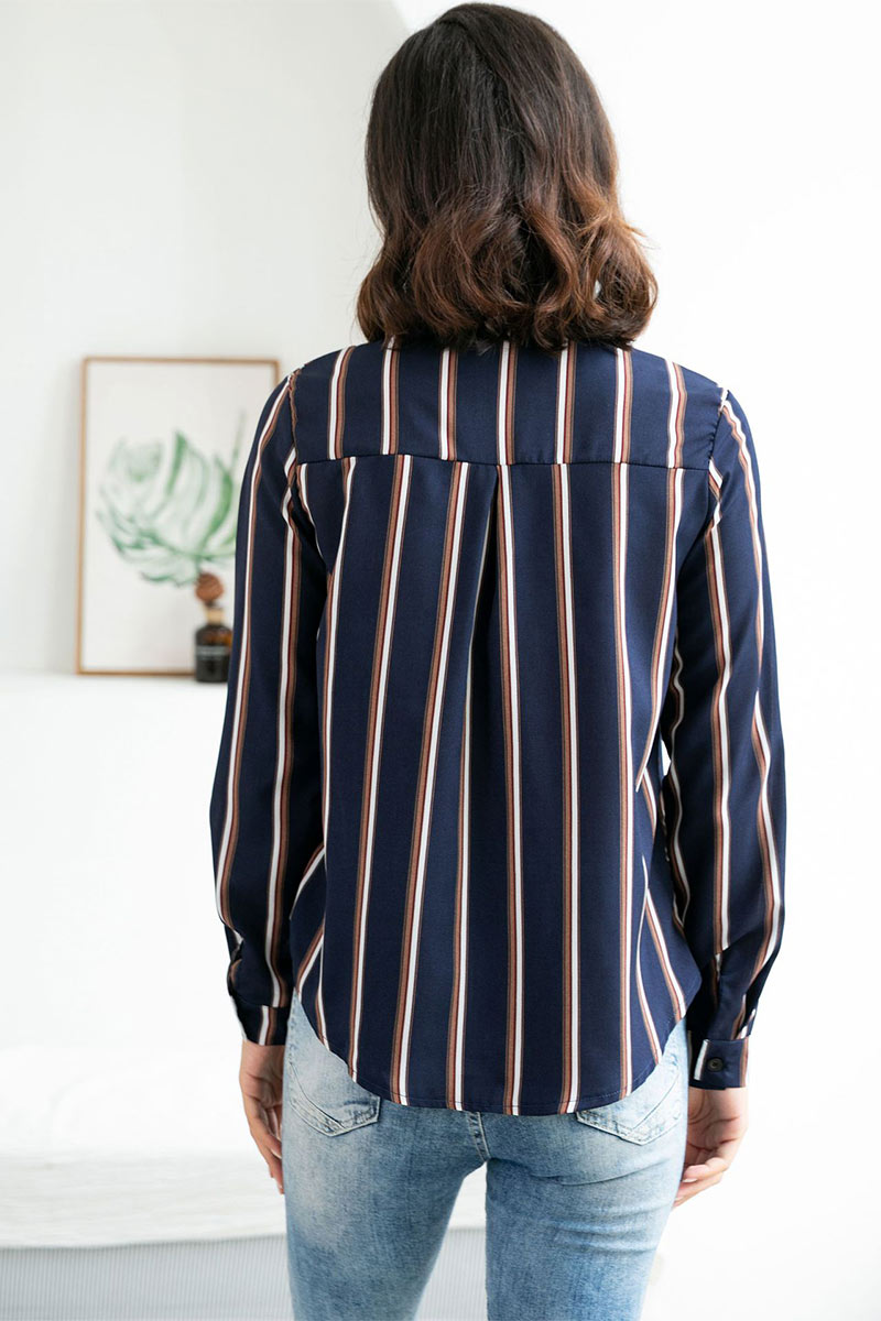 Dark Navy Striped Single Breasted Blouse With Long Sleeves