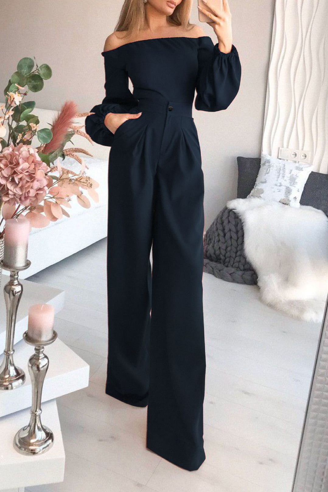 Dark Green Off-the-Shoulder Long Sleeve Jumpsuit