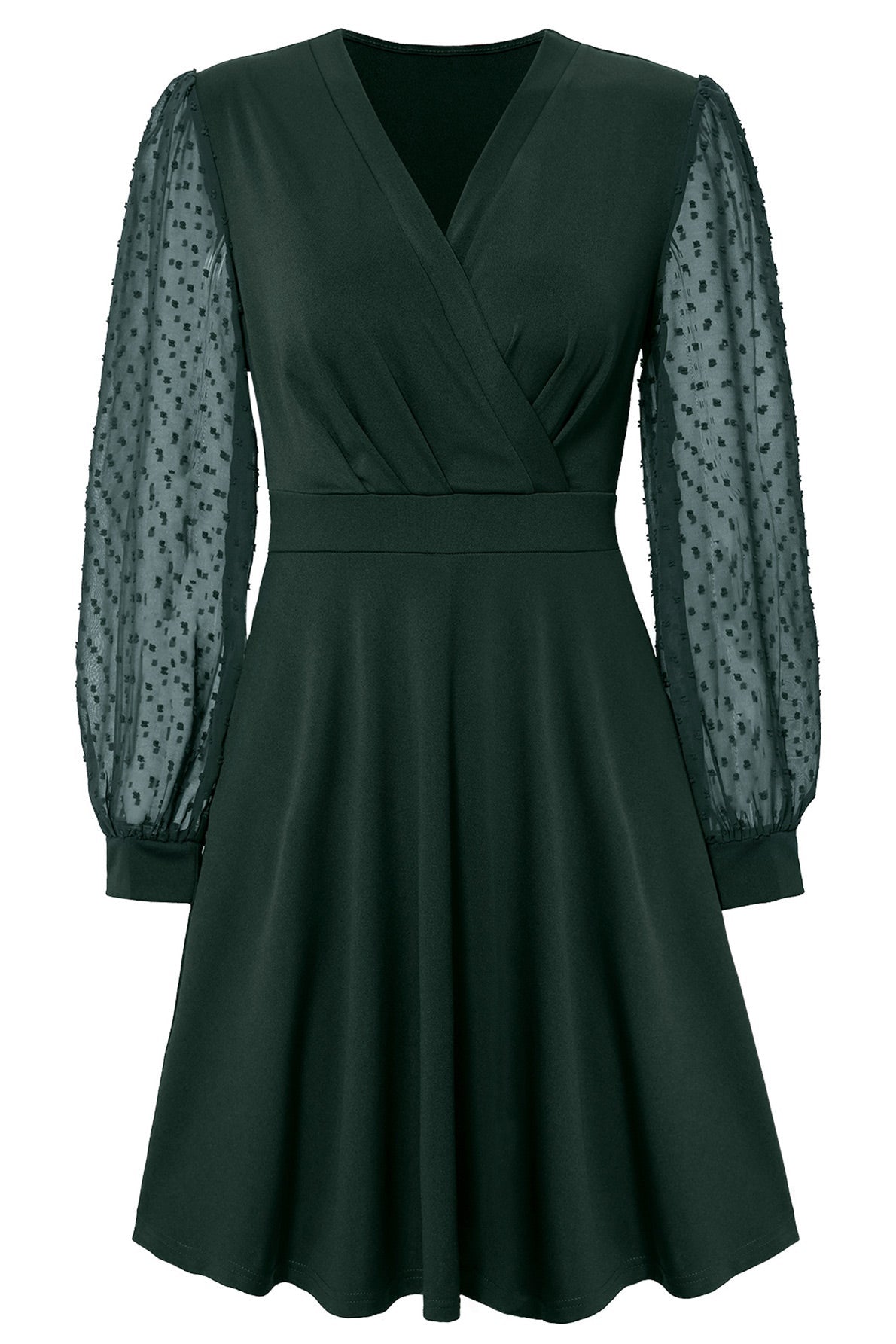 Dark Green V-Neck Long Sleeve A-Line Dress