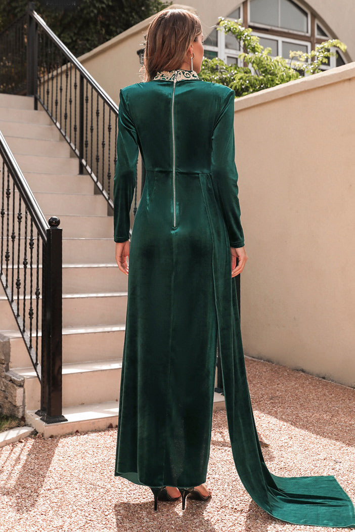 Dark Green Velvet High Neck Slit Evening Dress