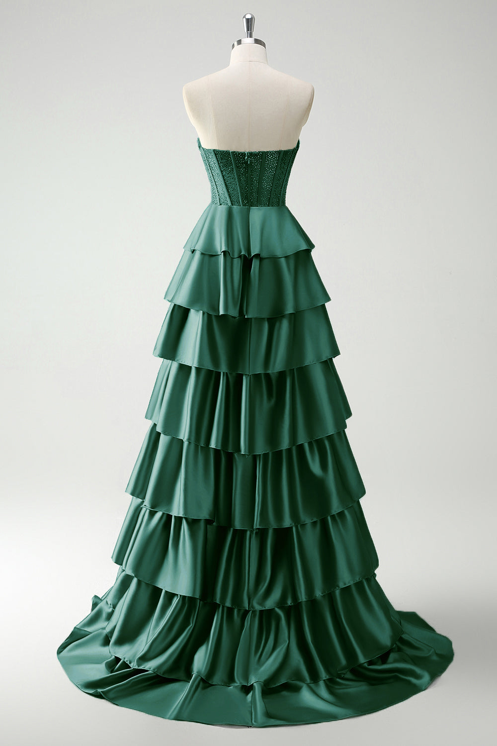 Green Sweetheart Princess Satin Tiered Long Corset Prom Dress with Slit