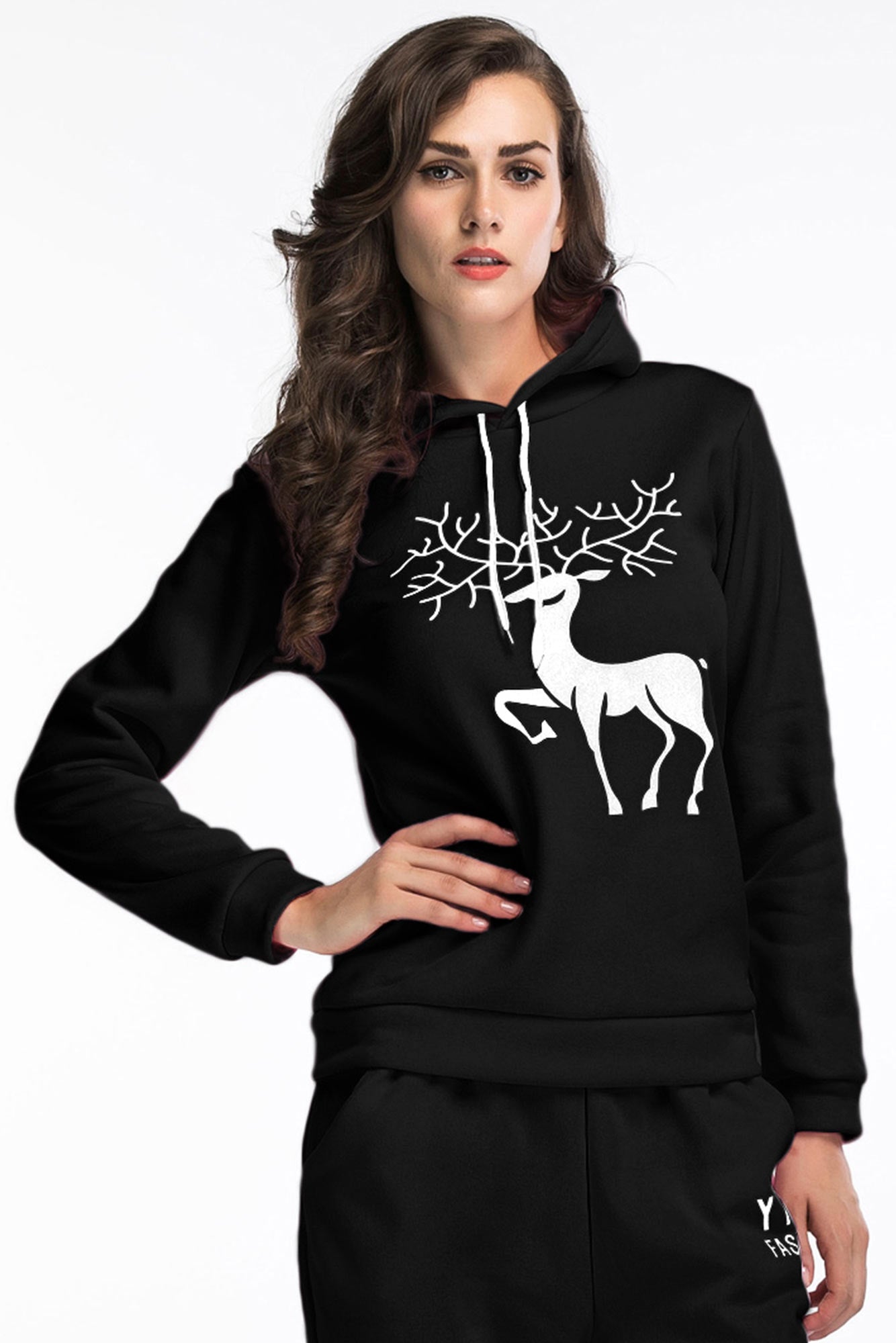 Deer Print Drawstring Hoodie - Mislish