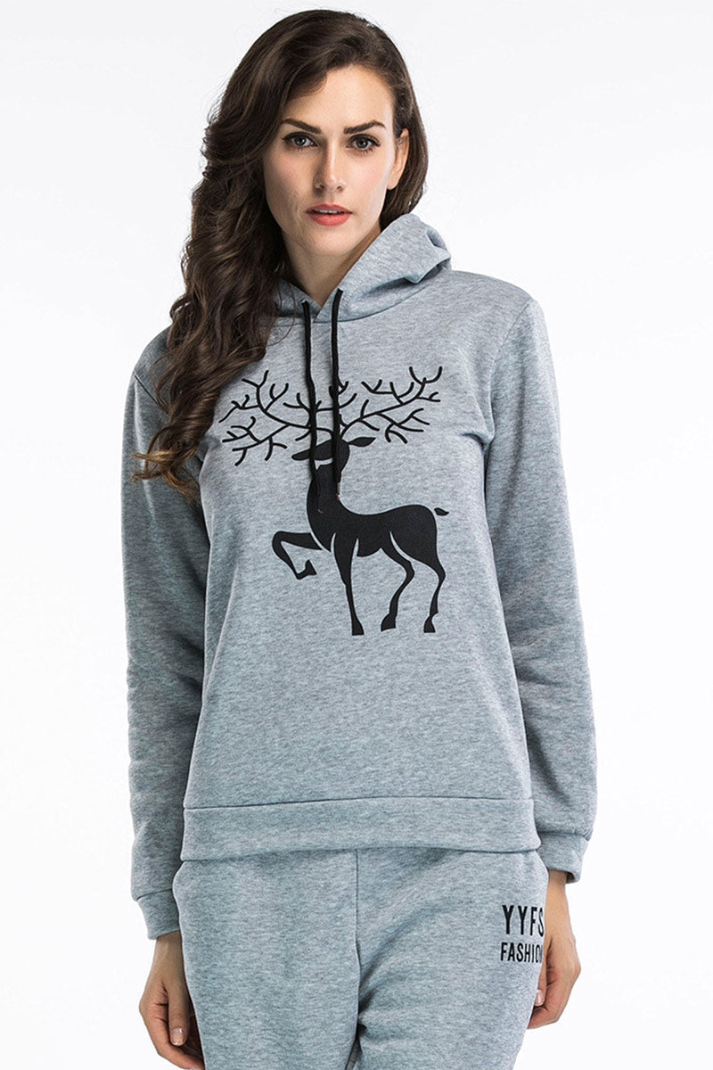 Deer Print Drawstring Hoodie - Mislish