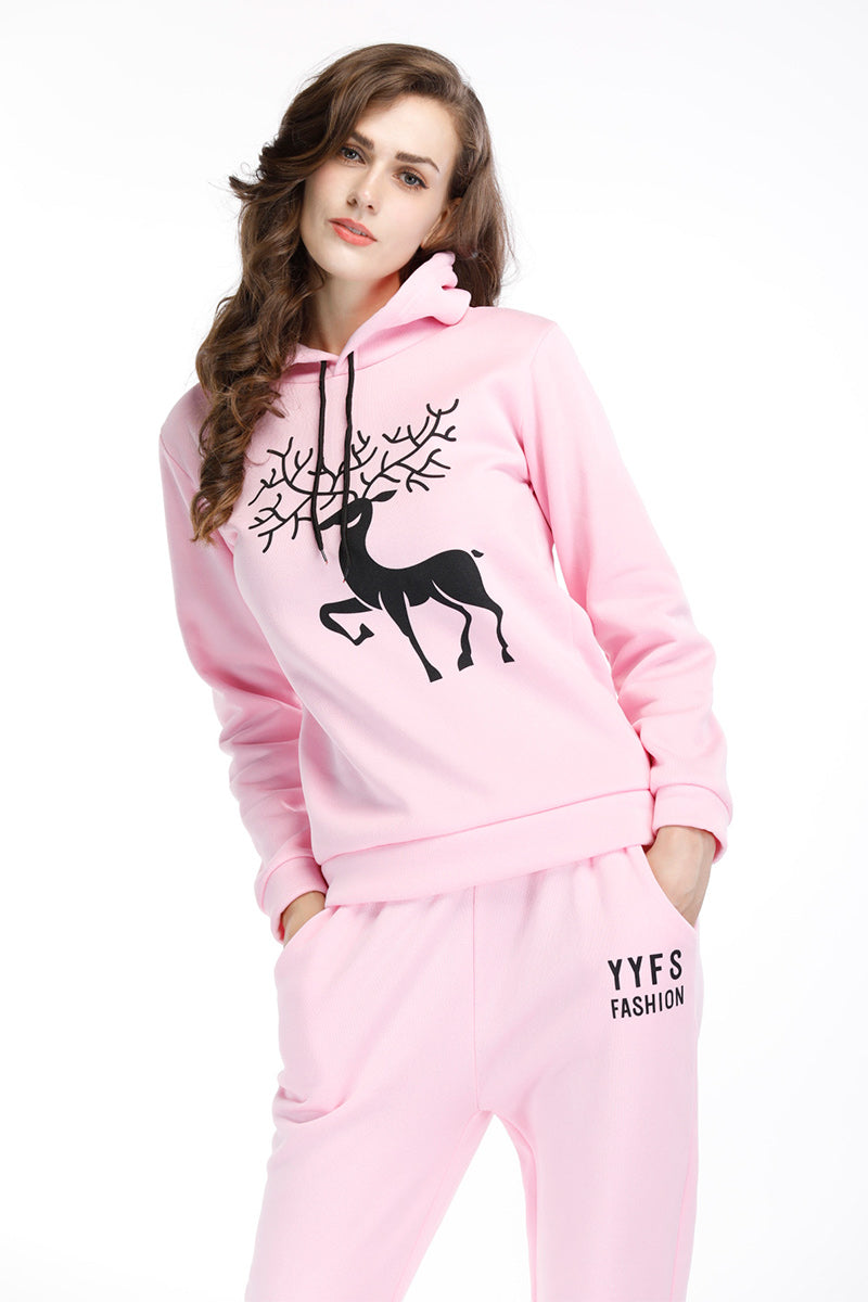 Deer Print Drawstring Hoodie - Mislish