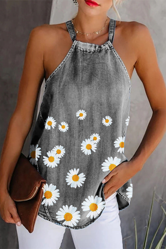 Denim Flower Scoop Tank Top - Mislish