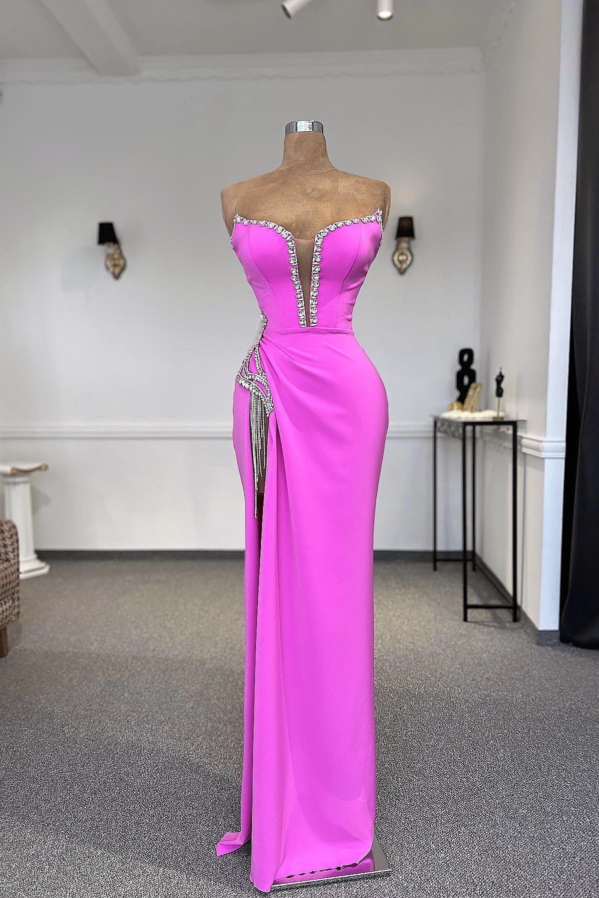 Designer Column Strapless Sleeveless Rhinestone Tulle Satin Split Front Evening Dress - Fashionpara