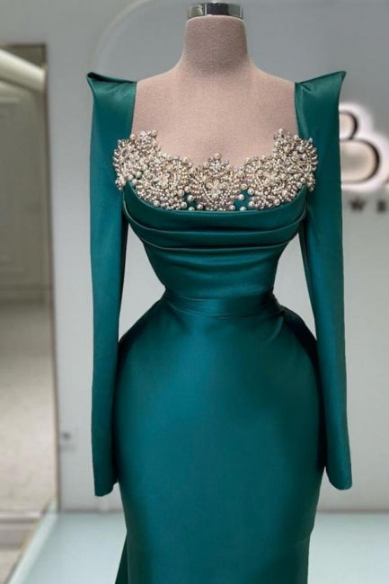 Designer Long Dark Green Beaded Pearls Mermaid Prom Dress with Long Sleeves - Fashionpara