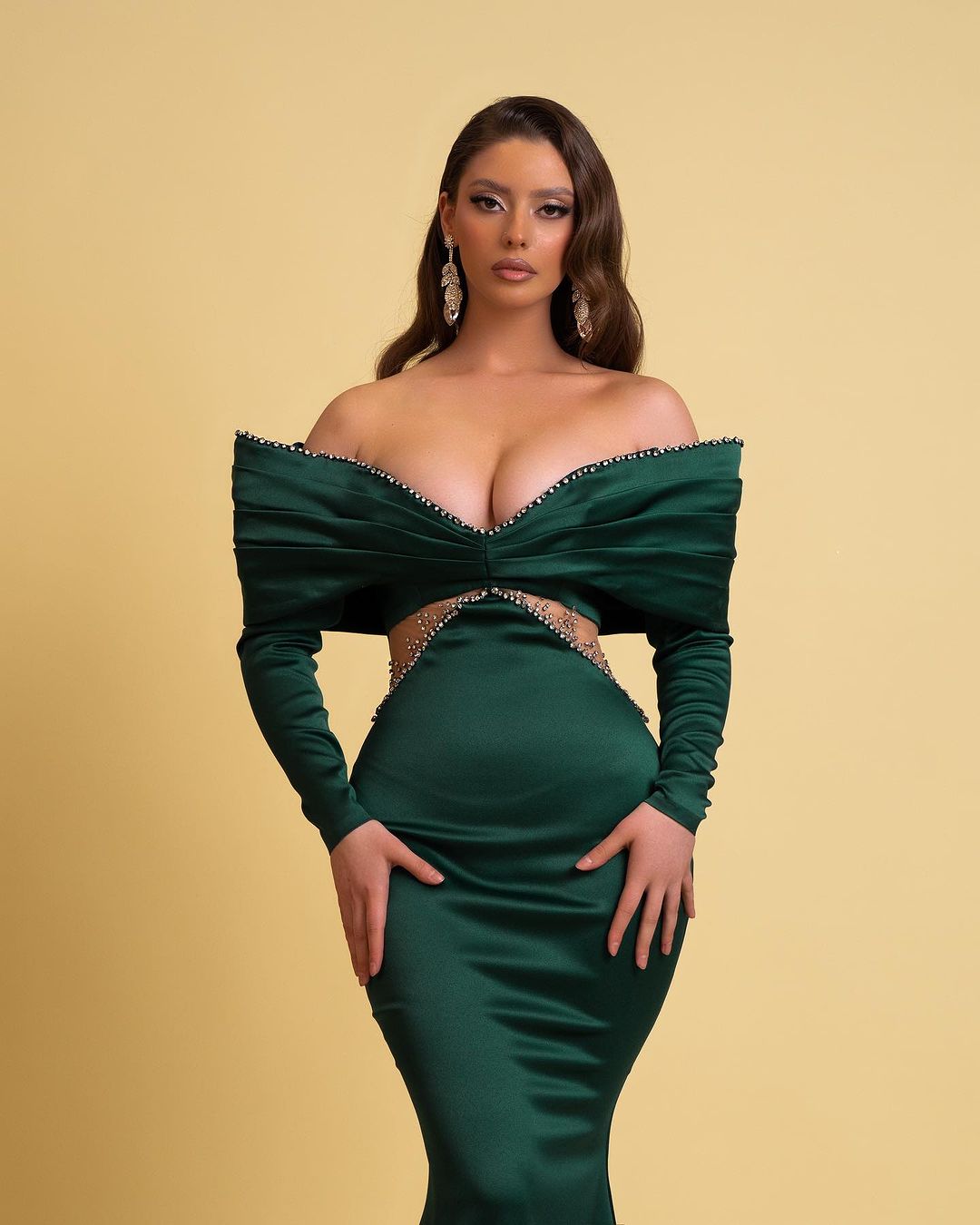 Designer Long Dark Green Mermaid Dress Off-the-shoulder Style With Rhinestones And Long Sleeves - Fashionpara