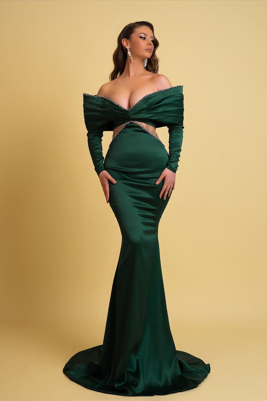 Designer Long Dark Green Mermaid Dress Off-the-shoulder Style With Rhinestones And Long Sleeves - Fashionpara