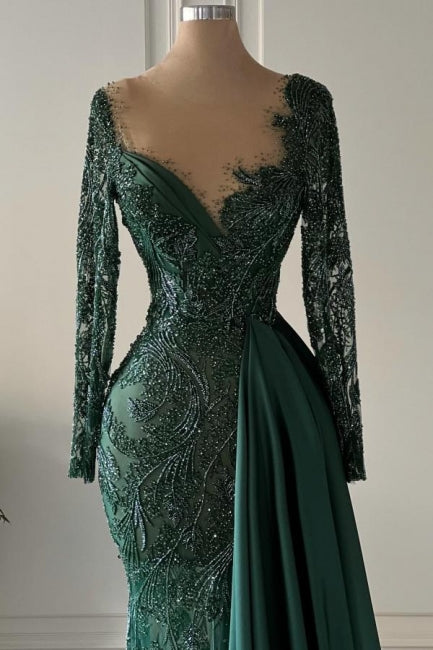 Designer Long Dark Green V-neck Lacy Mermaid Prom Dress with Graceful Long Sleeves - Fashionpara