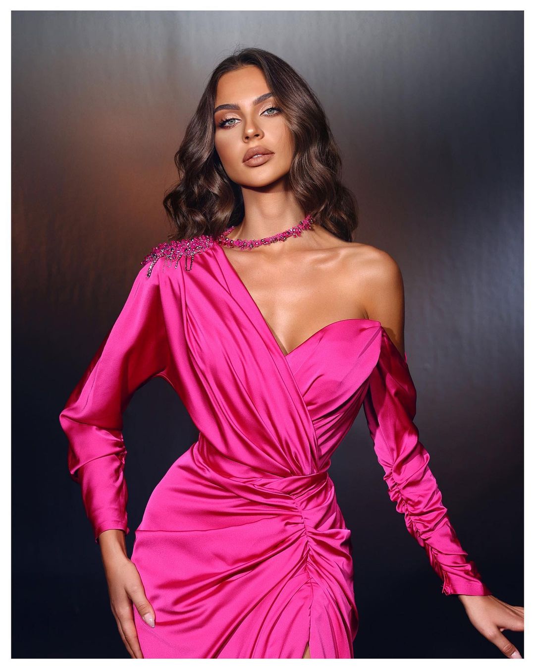 Designer Long Fuchsia One-Shoulder Beaded Evening Dress with Long Sleeves and Slit - Fashionpara