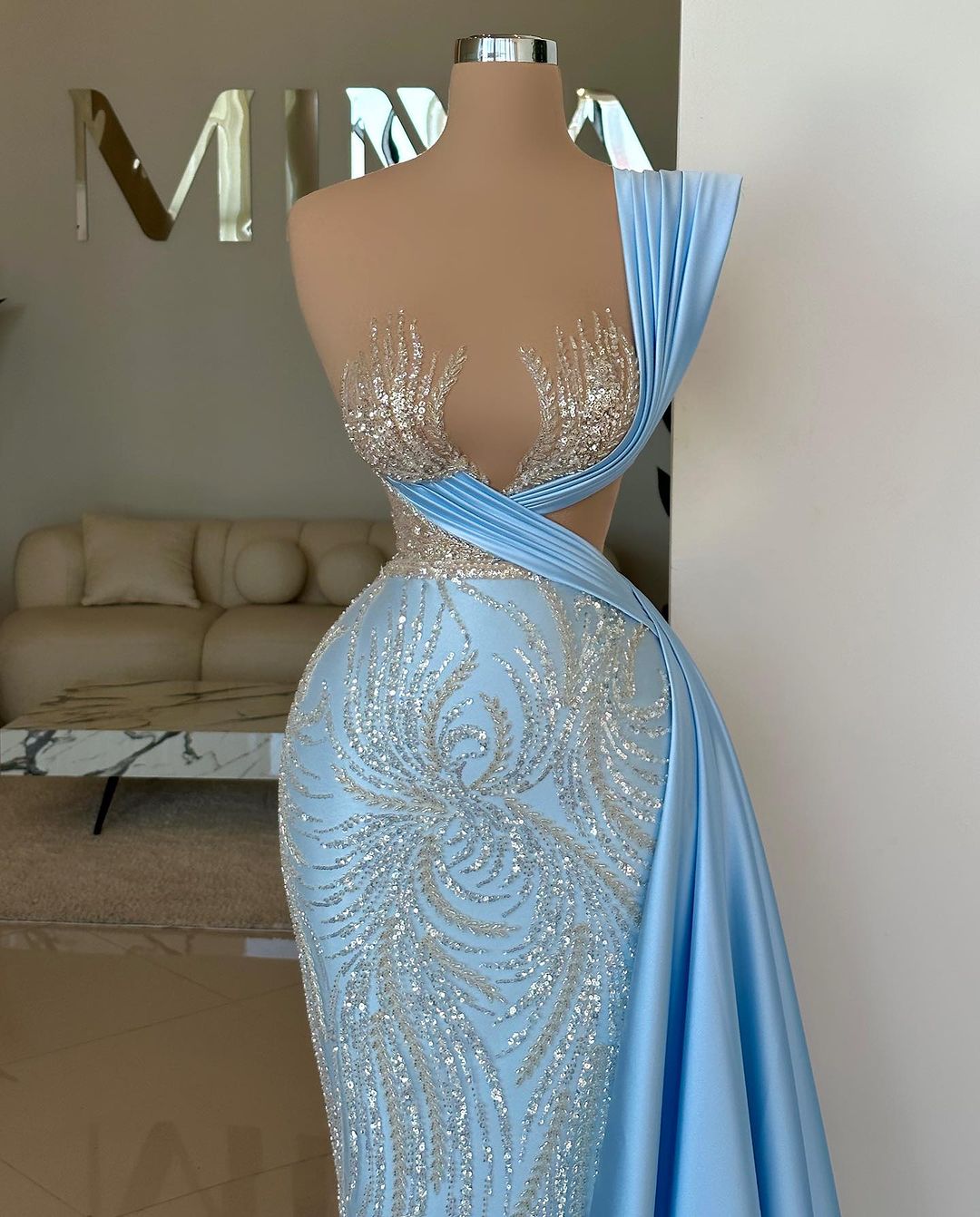 Designer Long Sky Blue One Shoulder Sequined Prom Dress With Lace Details - Fashionpara