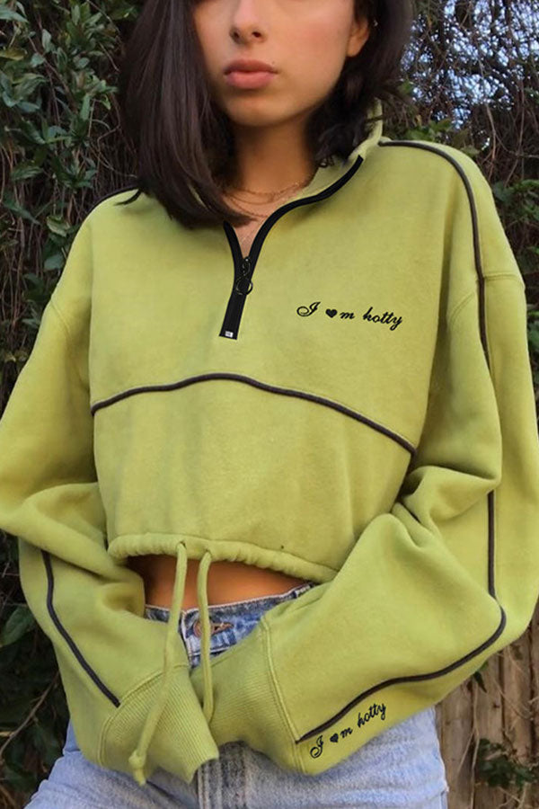 Green Drawstring Zipper Crop Sweatshirt