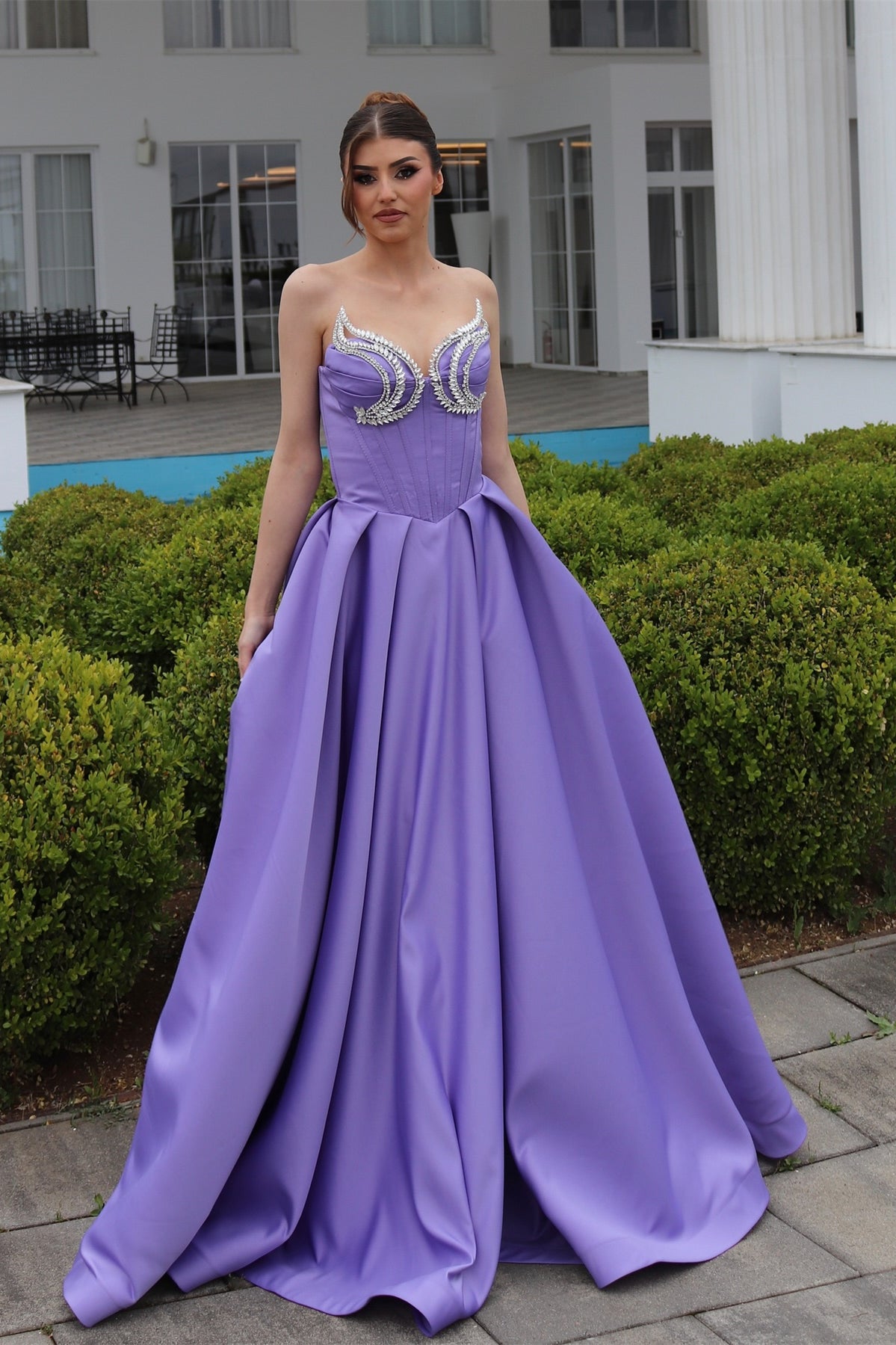 Elegant A-line Sweetheart Sleeveless Ruffled Satin Purple Evening Dress - Fashionpara